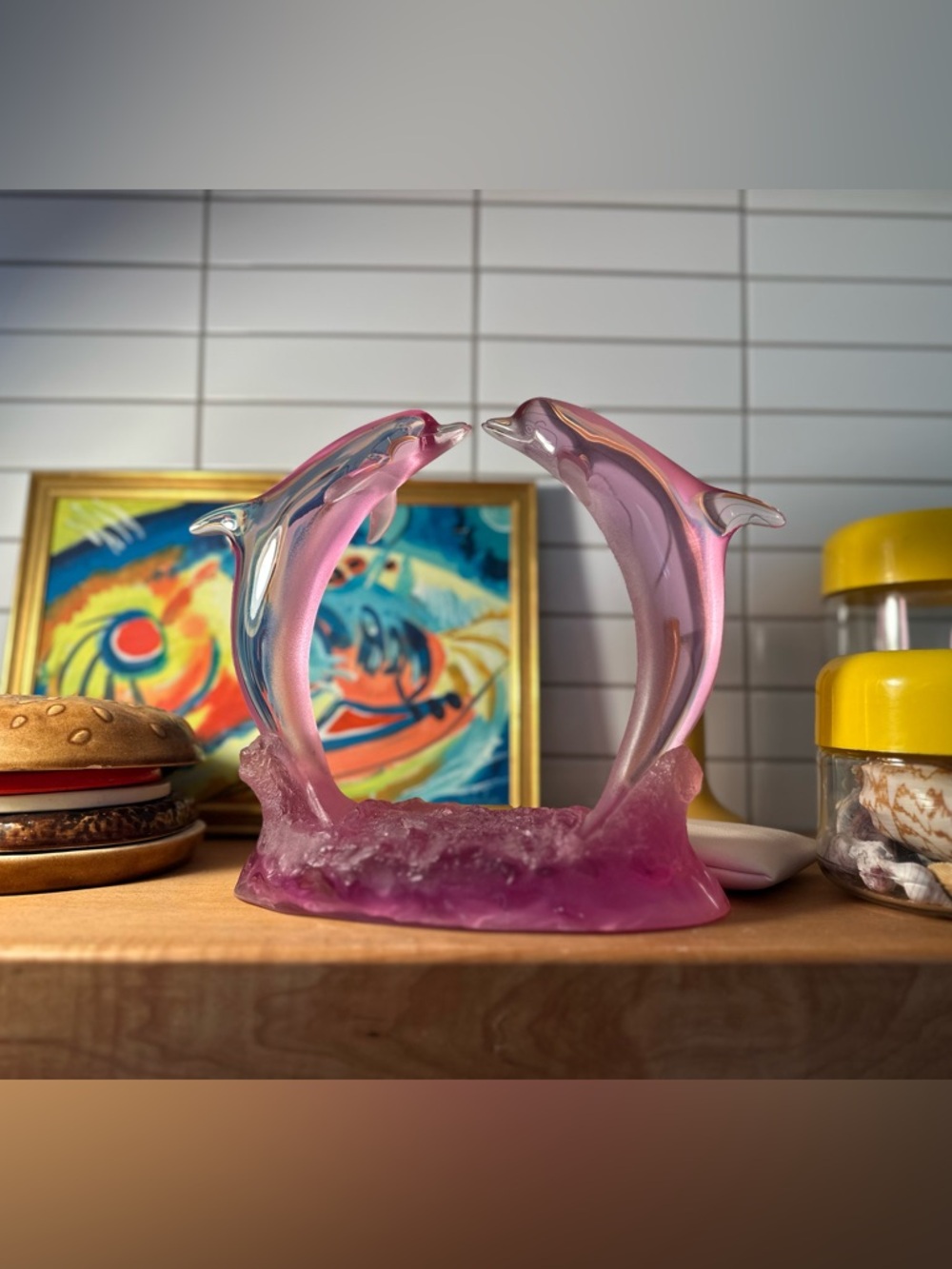 Vintage Signed Robert Wyland Pink Lucite Kissing Dolphin Sculpture